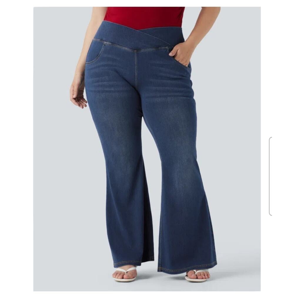 Halara 4X Flex Denim High Waisted Crossover Flare Casual Jeans Stretch Blue